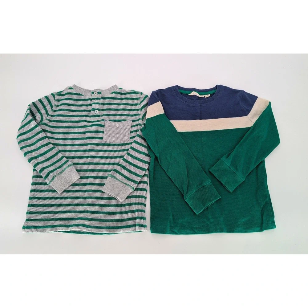 Lot 2 PCS Mini Boden Waffle Knit Thermal Shirts Kids 5-6Y‎ Green Gray Striped